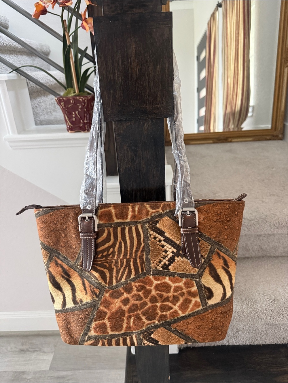 Patchwork Animal Print Tote Bag in Brown